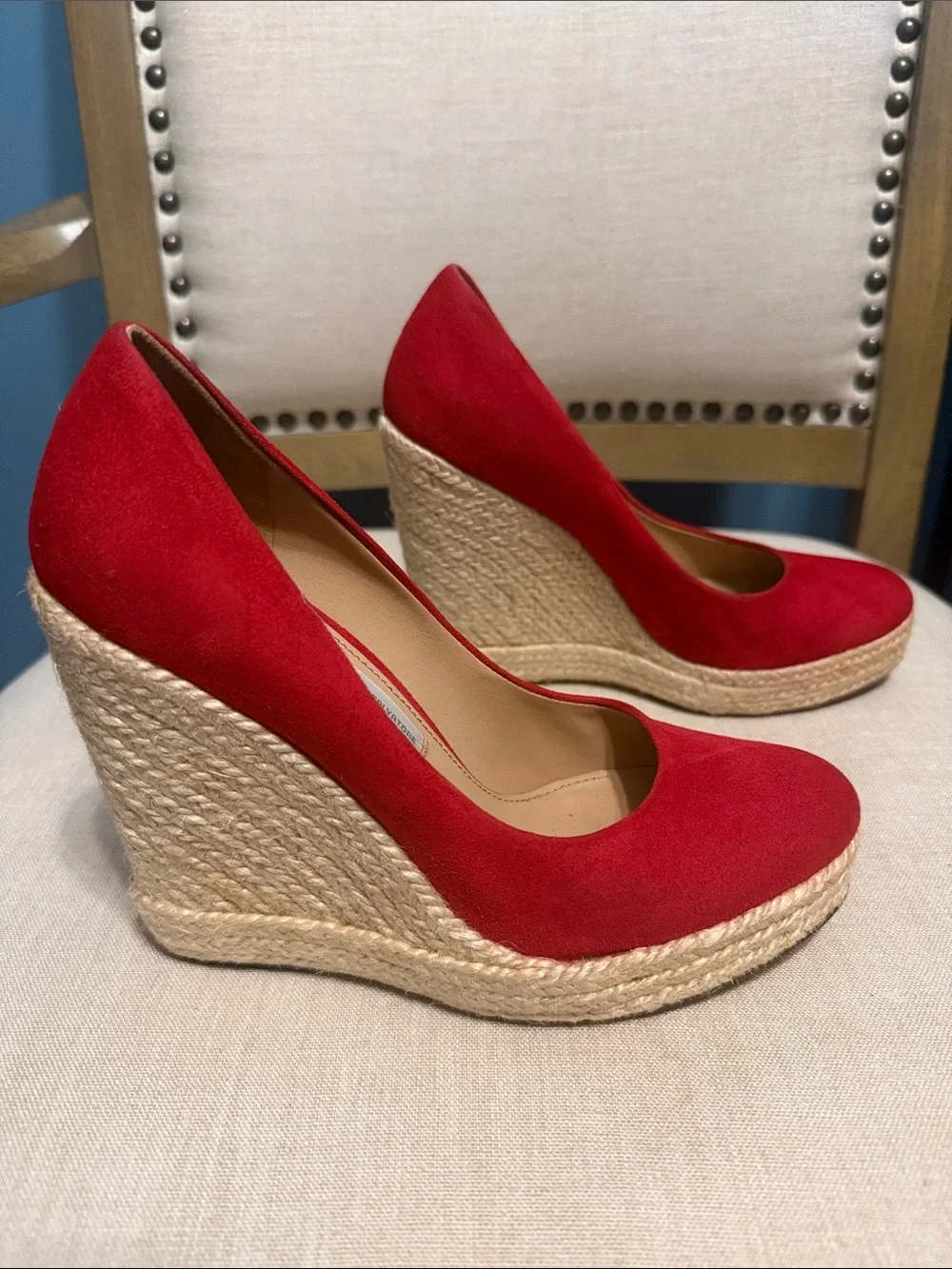 Salvatore Ferragamo Red Suede “Bernie” Espadrille Platform Wedges, Size 6C